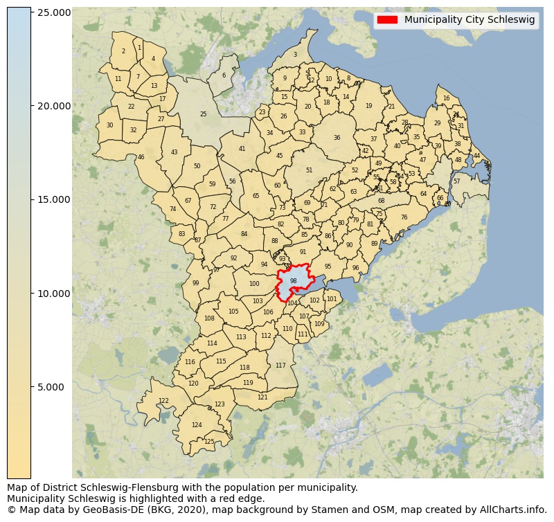 Map of District Schleswig-Flensburg with the population per municipality.Municipality Schleswig is highlighted with a red edge.. This page shows a lot of information about residents (such as the distribution by age groups, family composition, gender, native or German with an immigration background, ...), homes (numbers, types, price development, use, type of property, ...) and more (car ownership, energy consumption, ...) based on open data from the German Federal Agency for Cartography, the Federal Statistical Office (DESTATIS), the Regional Statistical Offices and various other sources!