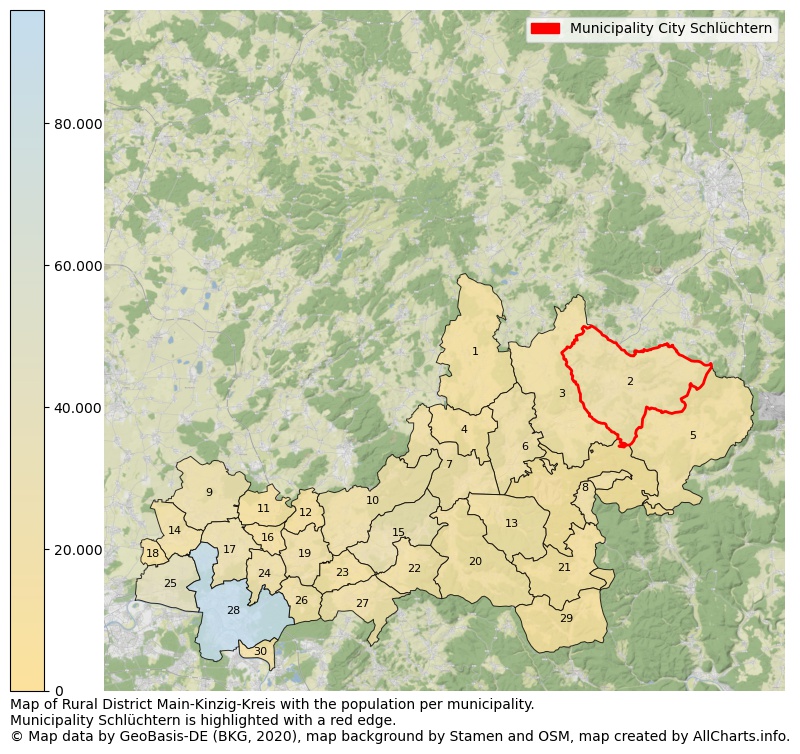 Map of Rural district Main-Kinzig-Kreis with the population per municipality.Municipality Schlüchtern is highlighted with a red edge.. This page shows a lot of information about residents (such as the distribution by age groups, family composition, gender, native or German with an immigration background, ...), homes (numbers, types, price development, use, type of property, ...) and more (car ownership, energy consumption, ...) based on open data from the German Federal Agency for Cartography, the Federal Statistical Office (DESTATIS), the Regional Statistical Offices and various other sources!