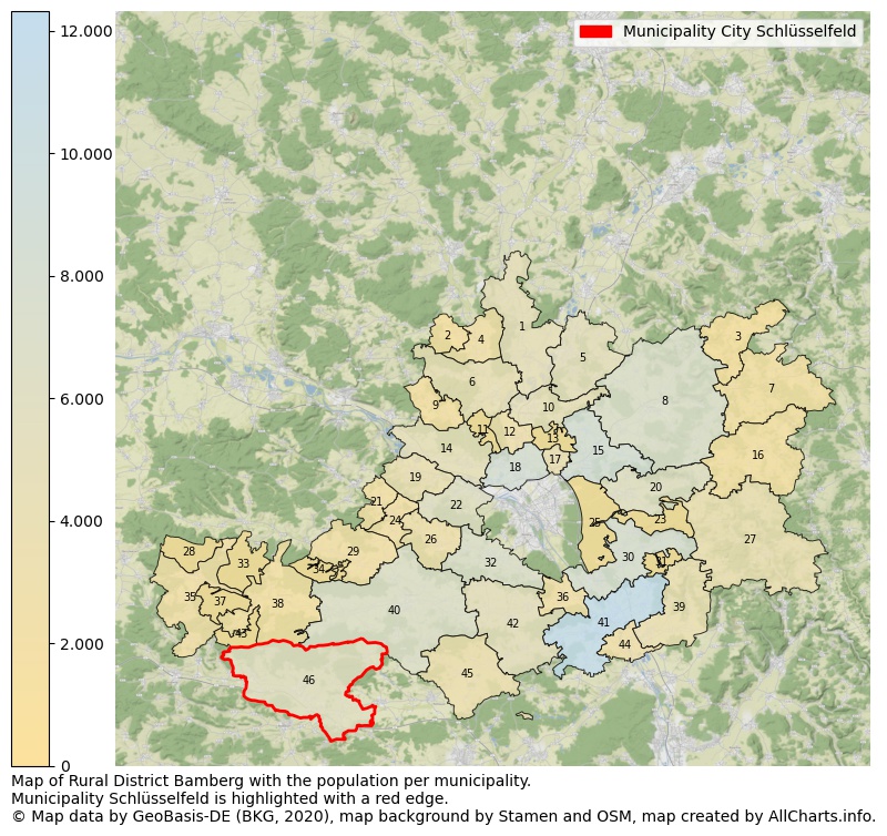 Map of Rural district Bamberg with the population per municipality.Municipality Schlüsselfeld is highlighted with a red edge.. This page shows a lot of information about residents (such as the distribution by age groups, family composition, gender, native or German with an immigration background, ...), homes (numbers, types, price development, use, type of property, ...) and more (car ownership, energy consumption, ...) based on open data from the German Federal Agency for Cartography, the Federal Statistical Office (DESTATIS), the Regional Statistical Offices and various other sources!