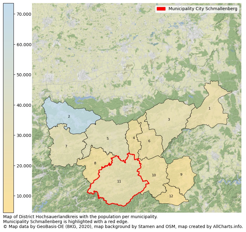 Map of District Hochsauerlandkreis with the population per municipality.Municipality Schmallenberg is highlighted with a red edge.. This page shows a lot of information about residents (such as the distribution by age groups, family composition, gender, native or German with an immigration background, ...), homes (numbers, types, price development, use, type of property, ...) and more (car ownership, energy consumption, ...) based on open data from the German Federal Agency for Cartography, the Federal Statistical Office (DESTATIS), the Regional Statistical Offices and various other sources!