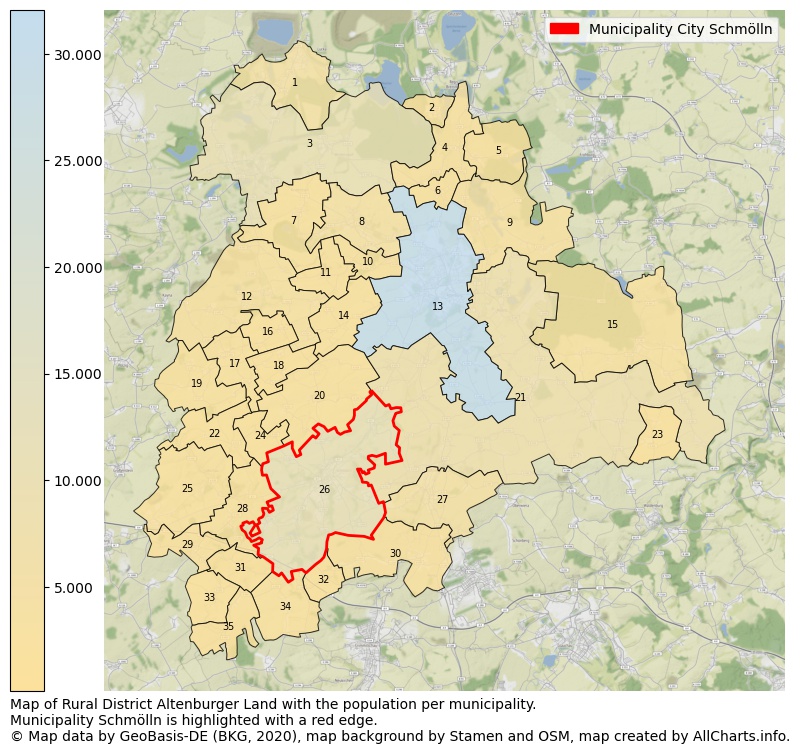Map of Rural district Altenburger Land with the population per municipality.Municipality Schmölln is highlighted with a red edge.. This page shows a lot of information about residents (such as the distribution by age groups, family composition, gender, native or German with an immigration background, ...), homes (numbers, types, price development, use, type of property, ...) and more (car ownership, energy consumption, ...) based on open data from the German Federal Agency for Cartography, the Federal Statistical Office (DESTATIS), the Regional Statistical Offices and various other sources!