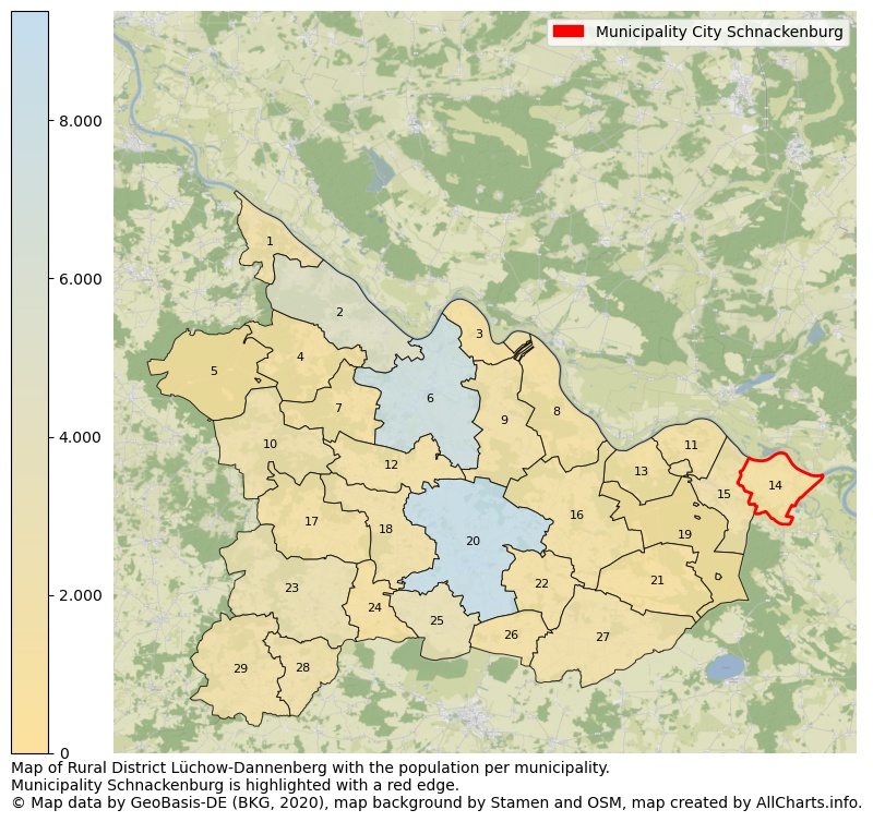 Map of Rural district Lüchow-Dannenberg with the population per municipality.Municipality Schnackenburg is highlighted with a red edge.. This page shows a lot of information about residents (such as the distribution by age groups, family composition, gender, native or German with an immigration background, ...), homes (numbers, types, price development, use, type of property, ...) and more (car ownership, energy consumption, ...) based on open data from the German Federal Agency for Cartography, the Federal Statistical Office (DESTATIS), the Regional Statistical Offices and various other sources!
