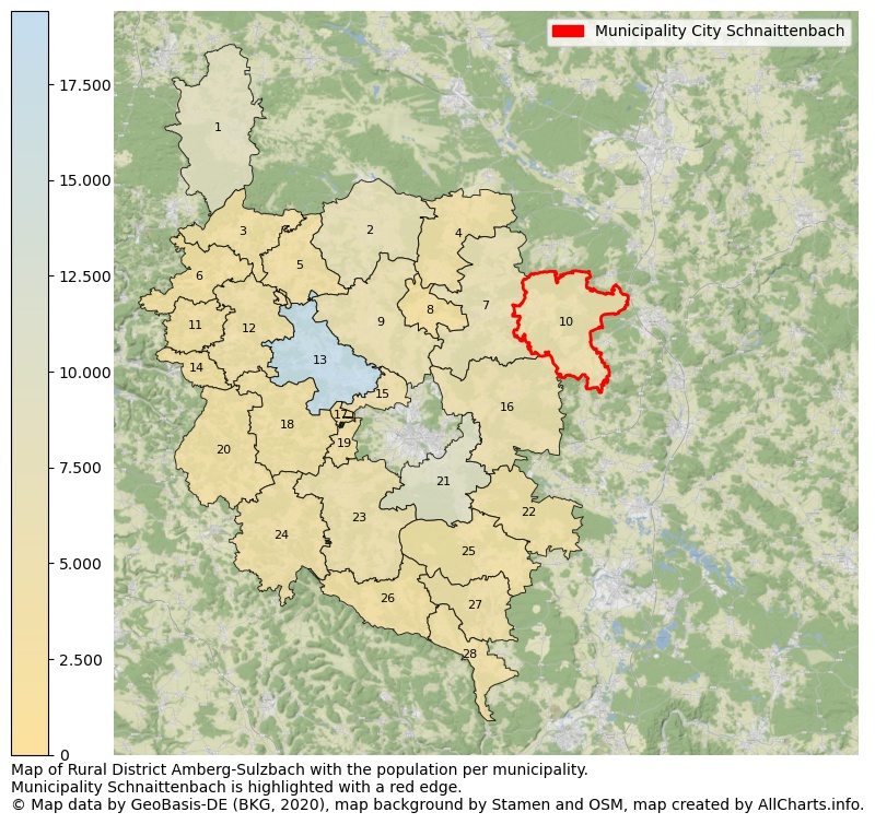 Map of Rural district Amberg-Sulzbach with the population per municipality.Municipality Schnaittenbach is highlighted with a red edge.. This page shows a lot of information about residents (such as the distribution by age groups, family composition, gender, native or German with an immigration background, ...), homes (numbers, types, price development, use, type of property, ...) and more (car ownership, energy consumption, ...) based on open data from the German Federal Agency for Cartography, the Federal Statistical Office (DESTATIS), the Regional Statistical Offices and various other sources!