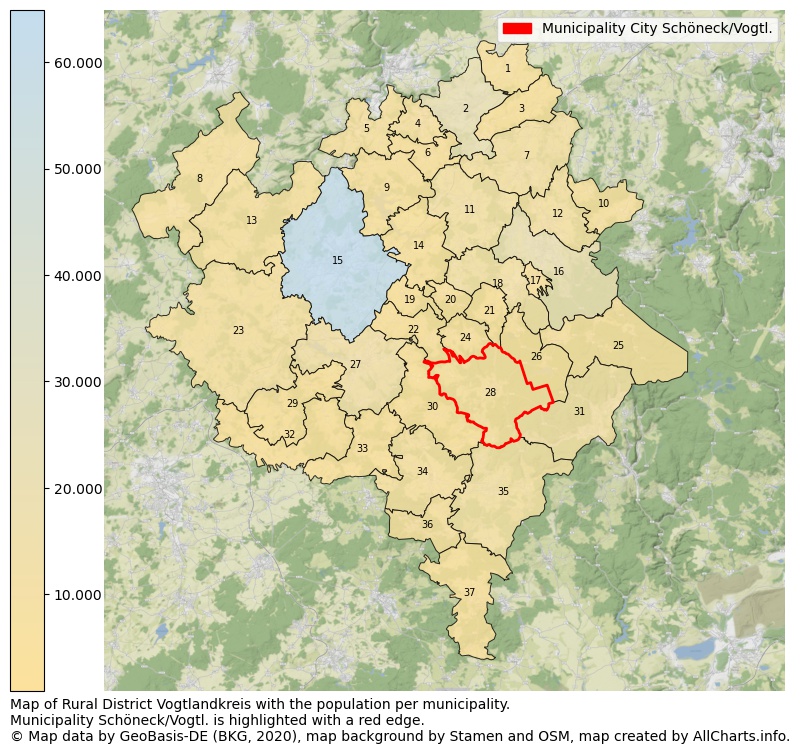 Map of Rural district Vogtlandkreis with the population per municipality.Municipality Schöneck/Vogtl. is highlighted with a red edge.. This page shows a lot of information about residents (such as the distribution by age groups, family composition, gender, native or German with an immigration background, ...), homes (numbers, types, price development, use, type of property, ...) and more (car ownership, energy consumption, ...) based on open data from the German Federal Agency for Cartography, the Federal Statistical Office (DESTATIS), the Regional Statistical Offices and various other sources!