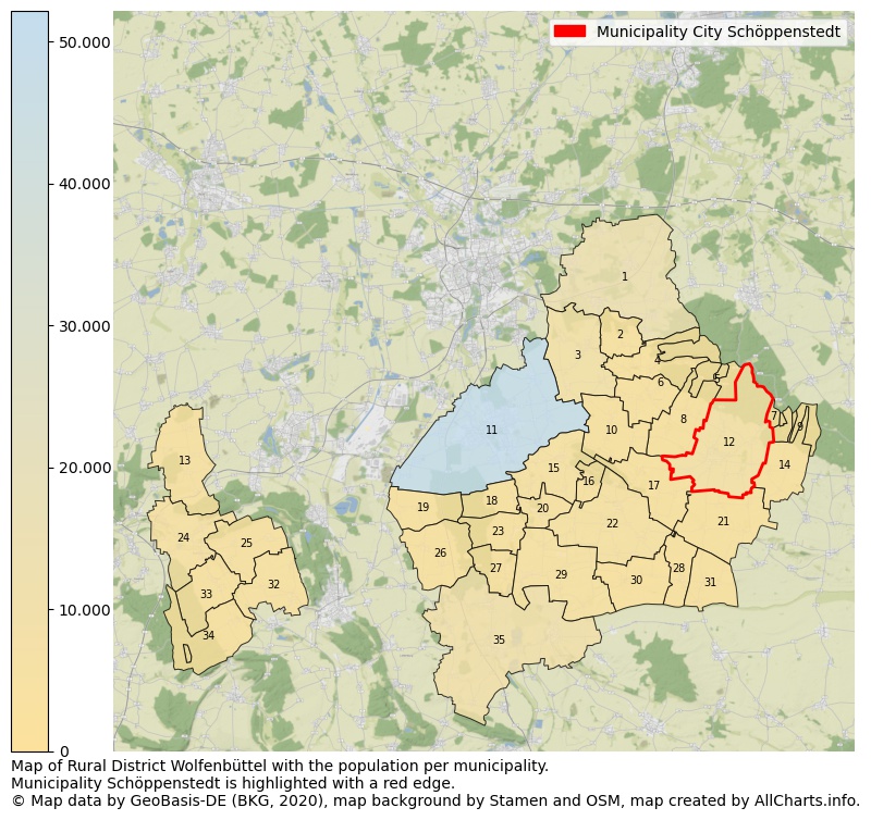 Map of Rural district Wolfenbüttel with the population per municipality.Municipality Schöppenstedt is highlighted with a red edge.. This page shows a lot of information about residents (such as the distribution by age groups, family composition, gender, native or German with an immigration background, ...), homes (numbers, types, price development, use, type of property, ...) and more (car ownership, energy consumption, ...) based on open data from the German Federal Agency for Cartography, the Federal Statistical Office (DESTATIS), the Regional Statistical Offices and various other sources!