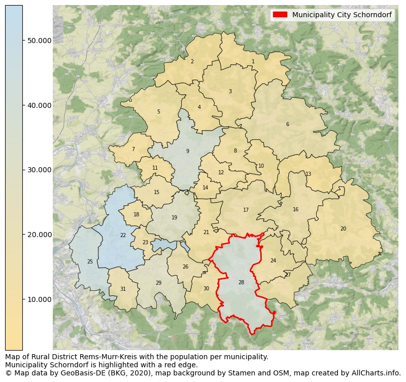 Map of Rural district Rems-Murr-Kreis with the population per municipality.Municipality Schorndorf is highlighted with a red edge.. This page shows a lot of information about residents (such as the distribution by age groups, family composition, gender, native or German with an immigration background, ...), homes (numbers, types, price development, use, type of property, ...) and more (car ownership, energy consumption, ...) based on open data from the German Federal Agency for Cartography, the Federal Statistical Office (DESTATIS), the Regional Statistical Offices and various other sources!