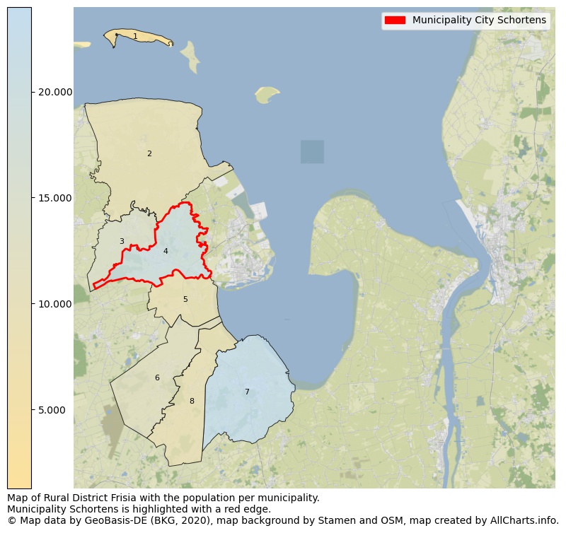Map of Rural district Frisia with the population per municipality.Municipality Schortens is highlighted with a red edge.. This page shows a lot of information about residents (such as the distribution by age groups, family composition, gender, native or German with an immigration background, ...), homes (numbers, types, price development, use, type of property, ...) and more (car ownership, energy consumption, ...) based on open data from the German Federal Agency for Cartography, the Federal Statistical Office (DESTATIS), the Regional Statistical Offices and various other sources!