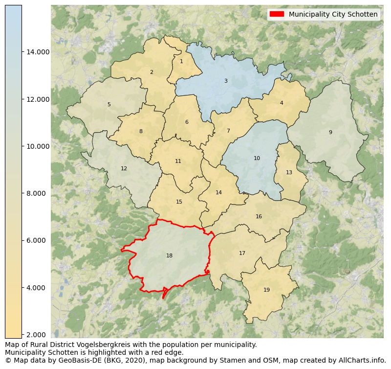 Map of Rural district Vogelsbergkreis with the population per municipality.Municipality Schotten is highlighted with a red edge.. This page shows a lot of information about residents (such as the distribution by age groups, family composition, gender, native or German with an immigration background, ...), homes (numbers, types, price development, use, type of property, ...) and more (car ownership, energy consumption, ...) based on open data from the German Federal Agency for Cartography, the Federal Statistical Office (DESTATIS), the Regional Statistical Offices and various other sources!