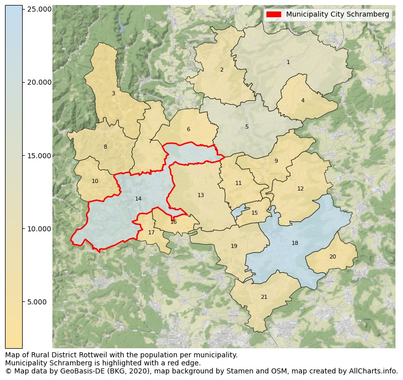 Map of Rural district Rottweil with the population per municipality.Municipality Schramberg is highlighted with a red edge.. This page shows a lot of information about residents (such as the distribution by age groups, family composition, gender, native or German with an immigration background, ...), homes (numbers, types, price development, use, type of property, ...) and more (car ownership, energy consumption, ...) based on open data from the German Federal Agency for Cartography, the Federal Statistical Office (DESTATIS), the Regional Statistical Offices and various other sources!
