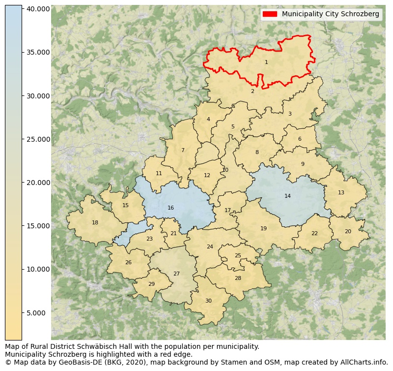 Map of Rural district Schwäbisch Hall with the population per municipality.Municipality Schrozberg is highlighted with a red edge.. This page shows a lot of information about residents (such as the distribution by age groups, family composition, gender, native or German with an immigration background, ...), homes (numbers, types, price development, use, type of property, ...) and more (car ownership, energy consumption, ...) based on open data from the German Federal Agency for Cartography, the Federal Statistical Office (DESTATIS), the Regional Statistical Offices and various other sources!