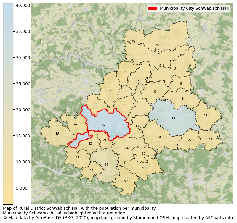 Map of Rural district Schwäbisch Hall with the population per municipality.Municipality Schwäbisch Hall is highlighted with a red edge.. This page shows a lot of information about residents (such as the distribution by age groups, family composition, gender, native or German with an immigration background, ...), homes (numbers, types, price development, use, type of property, ...) and more (car ownership, energy consumption, ...) based on open data from the German Federal Agency for Cartography, the Federal Statistical Office (DESTATIS), the Regional Statistical Offices and various other sources!