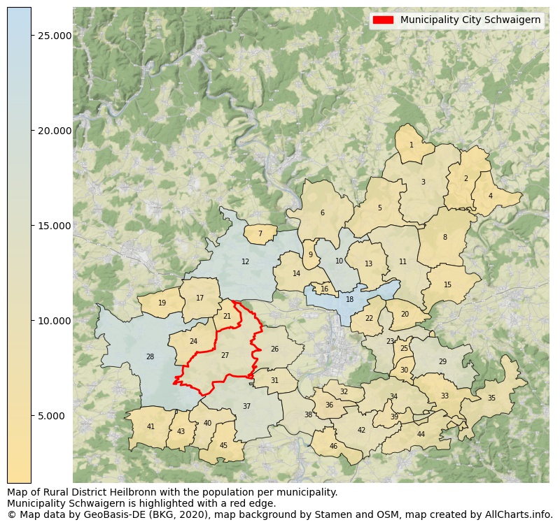 Map of Rural district Heilbronn with the population per municipality.Municipality Schwaigern is highlighted with a red edge.. This page shows a lot of information about residents (such as the distribution by age groups, family composition, gender, native or German with an immigration background, ...), homes (numbers, types, price development, use, type of property, ...) and more (car ownership, energy consumption, ...) based on open data from the German Federal Agency for Cartography, the Federal Statistical Office (DESTATIS), the Regional Statistical Offices and various other sources!