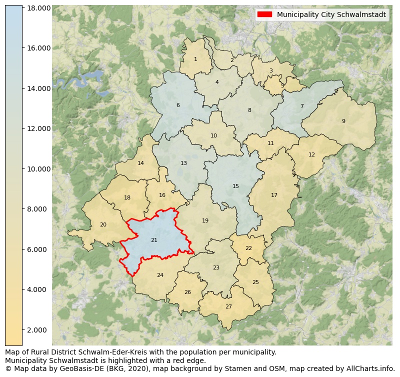 Map of Rural district Schwalm-Eder-Kreis with the population per municipality.Municipality Schwalmstadt is highlighted with a red edge.. This page shows a lot of information about residents (such as the distribution by age groups, family composition, gender, native or German with an immigration background, ...), homes (numbers, types, price development, use, type of property, ...) and more (car ownership, energy consumption, ...) based on open data from the German Federal Agency for Cartography, the Federal Statistical Office (DESTATIS), the Regional Statistical Offices and various other sources!