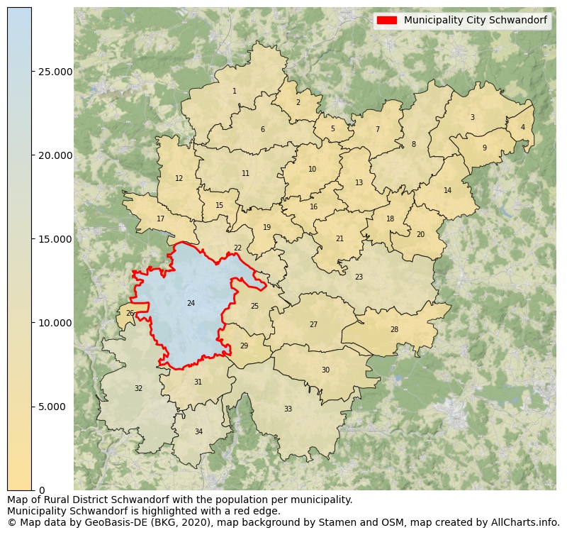 Map of Rural district Schwandorf with the population per municipality.Municipality Schwandorf is highlighted with a red edge.. This page shows a lot of information about residents (such as the distribution by age groups, family composition, gender, native or German with an immigration background, ...), homes (numbers, types, price development, use, type of property, ...) and more (car ownership, energy consumption, ...) based on open data from the German Federal Agency for Cartography, the Federal Statistical Office (DESTATIS), the Regional Statistical Offices and various other sources!