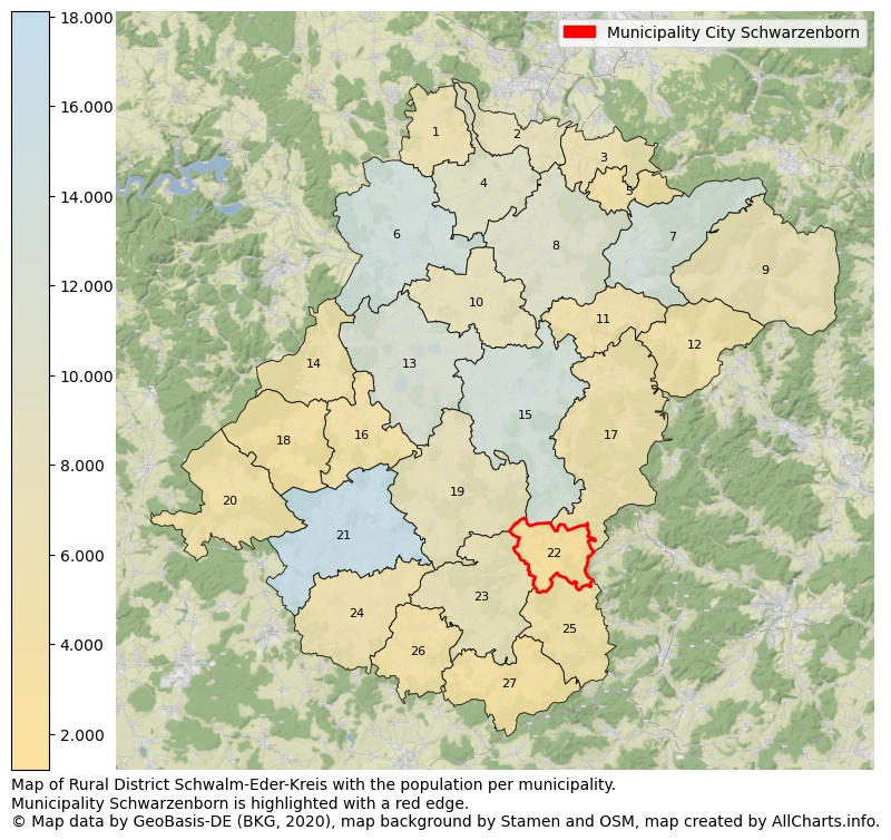 Map of Rural district Schwalm-Eder-Kreis with the population per municipality.Municipality Schwarzenborn is highlighted with a red edge.. This page shows a lot of information about residents (such as the distribution by age groups, family composition, gender, native or German with an immigration background, ...), homes (numbers, types, price development, use, type of property, ...) and more (car ownership, energy consumption, ...) based on open data from the German Federal Agency for Cartography, the Federal Statistical Office (DESTATIS), the Regional Statistical Offices and various other sources!