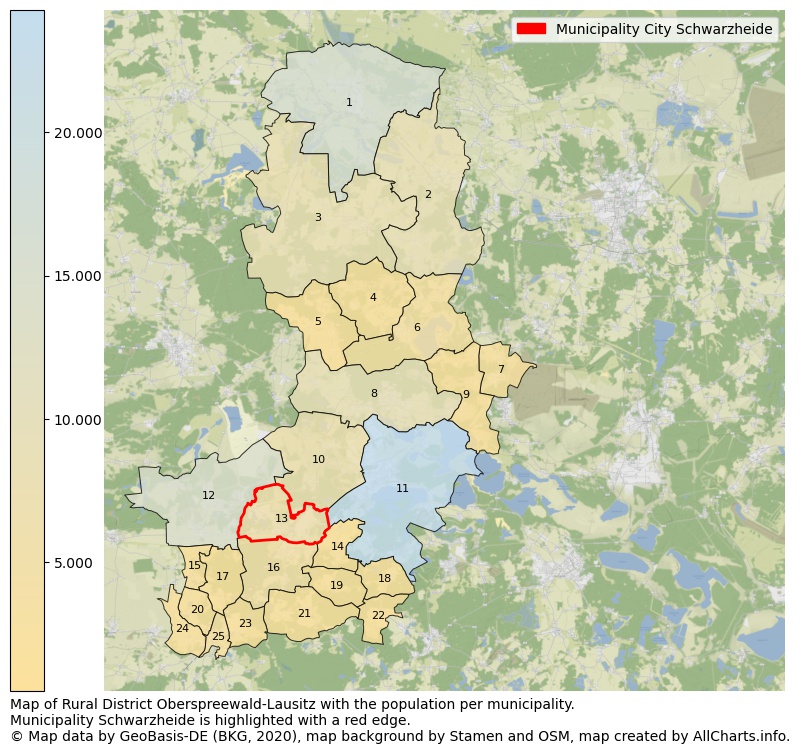 Map of Rural district Oberspreewald-Lausitz with the population per municipality.Municipality Schwarzheide is highlighted with a red edge.. This page shows a lot of information about residents (such as the distribution by age groups, family composition, gender, native or German with an immigration background, ...), homes (numbers, types, price development, use, type of property, ...) and more (car ownership, energy consumption, ...) based on open data from the German Federal Agency for Cartography, the Federal Statistical Office (DESTATIS), the Regional Statistical Offices and various other sources!