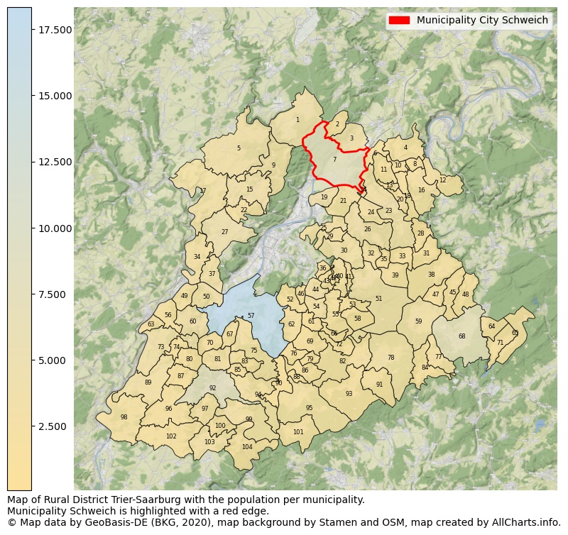 Map of Rural district Trier-Saarburg with the population per municipality.Municipality Schweich is highlighted with a red edge.. This page shows a lot of information about residents (such as the distribution by age groups, family composition, gender, native or German with an immigration background, ...), homes (numbers, types, price development, use, type of property, ...) and more (car ownership, energy consumption, ...) based on open data from the German Federal Agency for Cartography, the Federal Statistical Office (DESTATIS), the Regional Statistical Offices and various other sources!