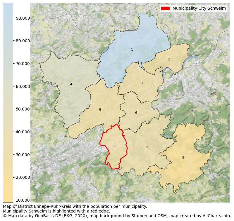 Map of District Ennepe-Ruhr-Kreis with the population per municipality.Municipality Schwelm is highlighted with a red edge.. This page shows a lot of information about residents (such as the distribution by age groups, family composition, gender, native or German with an immigration background, ...), homes (numbers, types, price development, use, type of property, ...) and more (car ownership, energy consumption, ...) based on open data from the German Federal Agency for Cartography, the Federal Statistical Office (DESTATIS), the Regional Statistical Offices and various other sources!