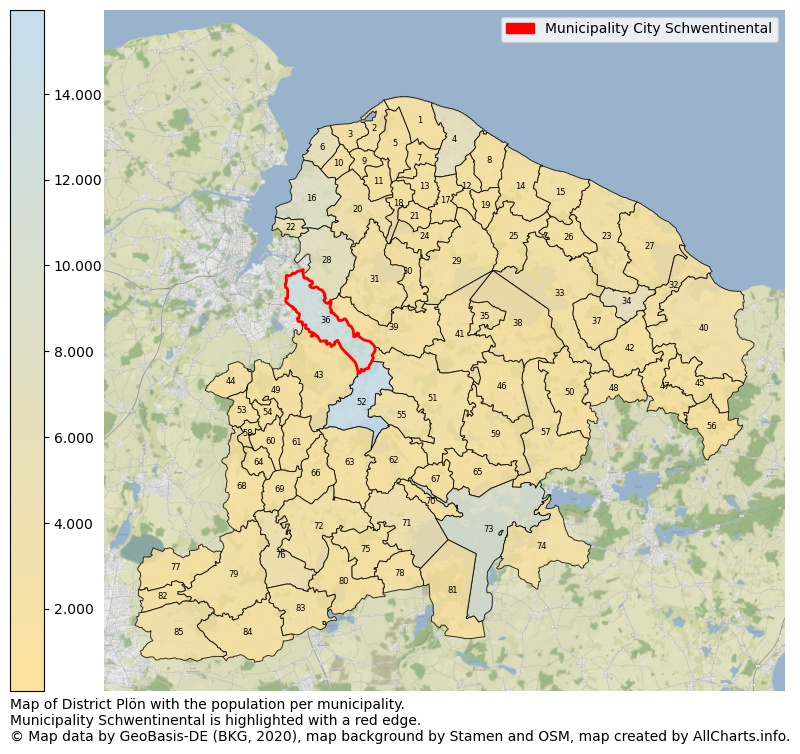 Map of District Plön with the population per municipality.Municipality Schwentinental is highlighted with a red edge.. This page shows a lot of information about residents (such as the distribution by age groups, family composition, gender, native or German with an immigration background, ...), homes (numbers, types, price development, use, type of property, ...) and more (car ownership, energy consumption, ...) based on open data from the German Federal Agency for Cartography, the Federal Statistical Office (DESTATIS), the Regional Statistical Offices and various other sources!