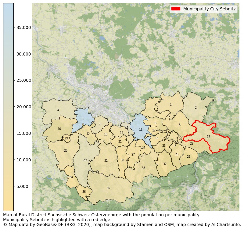 Map of Rural district Sächsische Schweiz-Osterzgebirge with the population per municipality.Municipality Sebnitz is highlighted with a red edge.. This page shows a lot of information about residents (such as the distribution by age groups, family composition, gender, native or German with an immigration background, ...), homes (numbers, types, price development, use, type of property, ...) and more (car ownership, energy consumption, ...) based on open data from the German Federal Agency for Cartography, the Federal Statistical Office (DESTATIS), the Regional Statistical Offices and various other sources!