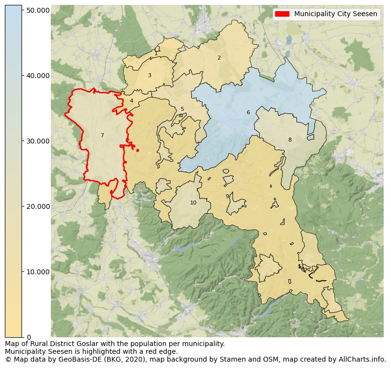 Map of Rural district Goslar with the population per municipality.Municipality Seesen is highlighted with a red edge.. This page shows a lot of information about residents (such as the distribution by age groups, family composition, gender, native or German with an immigration background, ...), homes (numbers, types, price development, use, type of property, ...) and more (car ownership, energy consumption, ...) based on open data from the German Federal Agency for Cartography, the Federal Statistical Office (DESTATIS), the Regional Statistical Offices and various other sources!