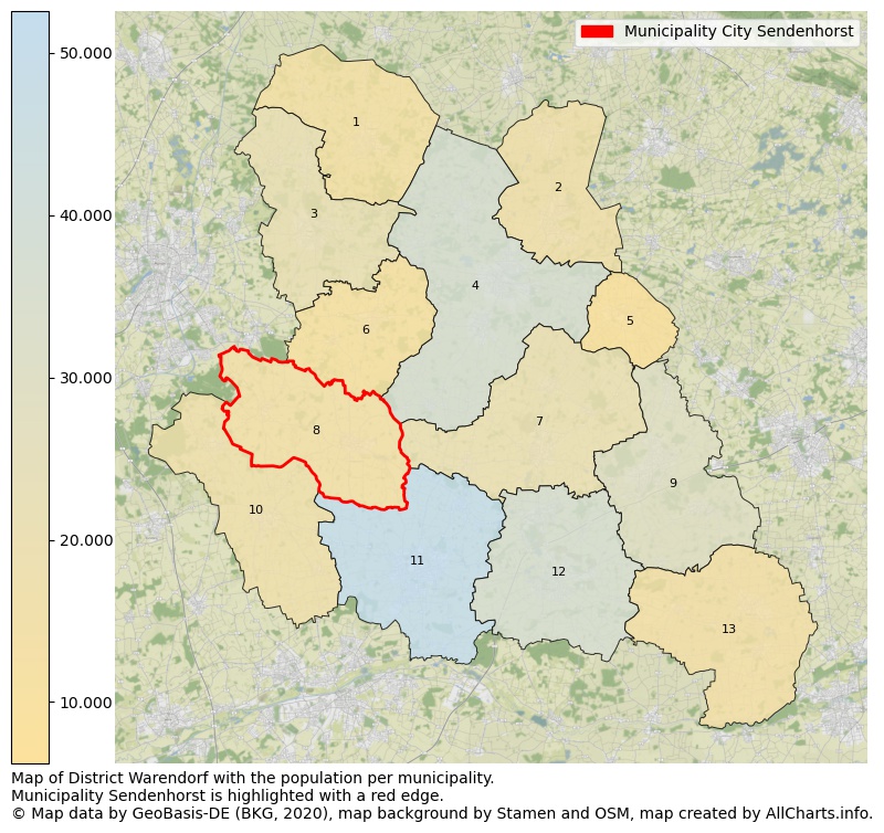 Map of District Warendorf with the population per municipality.Municipality Sendenhorst is highlighted with a red edge.. This page shows a lot of information about residents (such as the distribution by age groups, family composition, gender, native or German with an immigration background, ...), homes (numbers, types, price development, use, type of property, ...) and more (car ownership, energy consumption, ...) based on open data from the German Federal Agency for Cartography, the Federal Statistical Office (DESTATIS), the Regional Statistical Offices and various other sources!