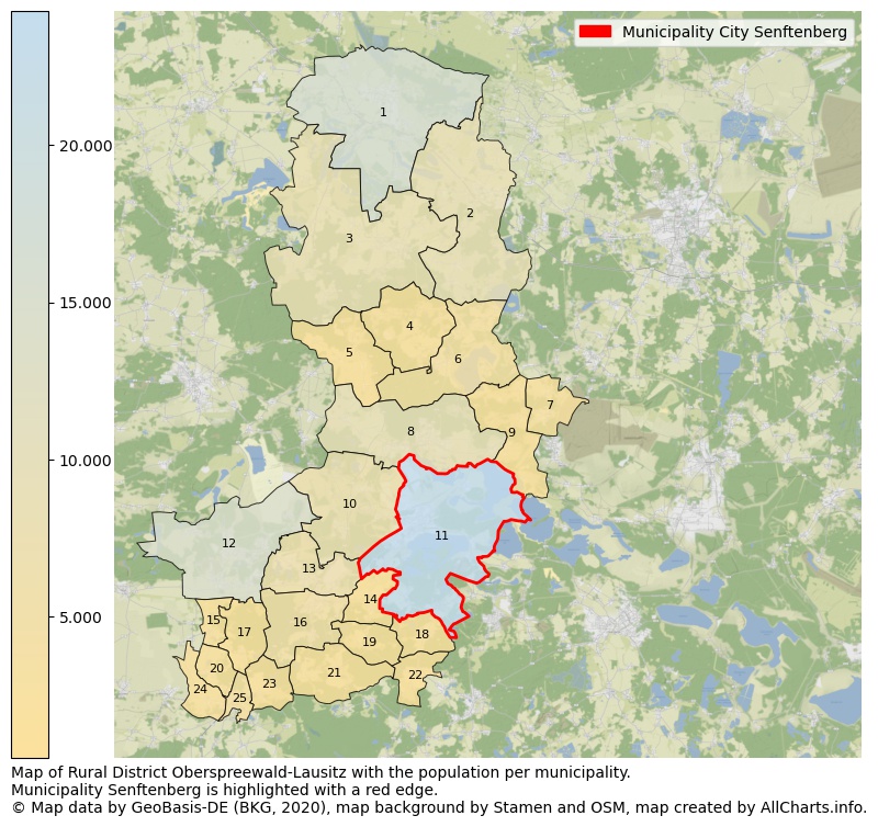 Map of Rural district Oberspreewald-Lausitz with the population per municipality.Municipality Senftenberg is highlighted with a red edge.. This page shows a lot of information about residents (such as the distribution by age groups, family composition, gender, native or German with an immigration background, ...), homes (numbers, types, price development, use, type of property, ...) and more (car ownership, energy consumption, ...) based on open data from the German Federal Agency for Cartography, the Federal Statistical Office (DESTATIS), the Regional Statistical Offices and various other sources!
