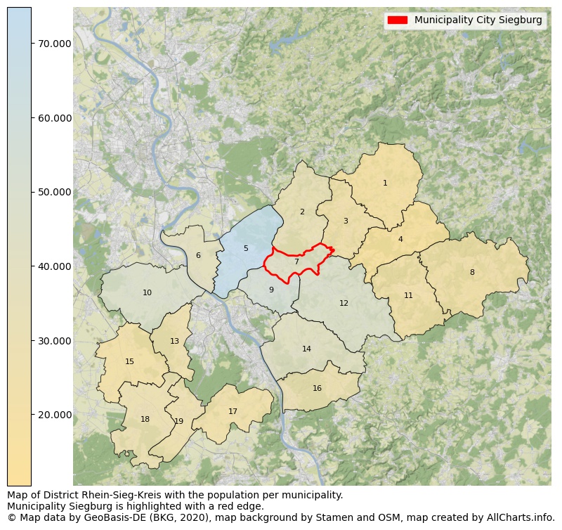 Map of District Rhein-Sieg-Kreis with the population per municipality.Municipality Siegburg is highlighted with a red edge.. This page shows a lot of information about residents (such as the distribution by age groups, family composition, gender, native or German with an immigration background, ...), homes (numbers, types, price development, use, type of property, ...) and more (car ownership, energy consumption, ...) based on open data from the German Federal Agency for Cartography, the Federal Statistical Office (DESTATIS), the Regional Statistical Offices and various other sources!
