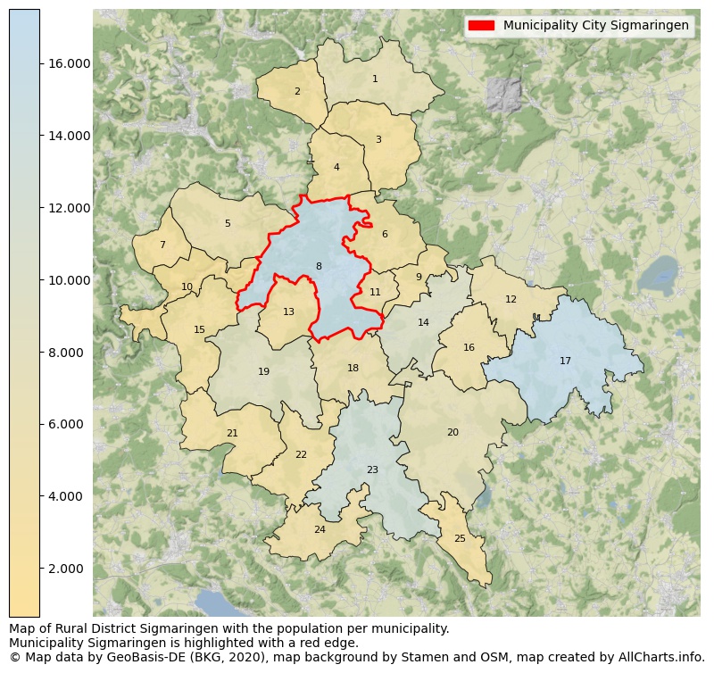 Map of Rural district Sigmaringen with the population per municipality.Municipality Sigmaringen is highlighted with a red edge.. This page shows a lot of information about residents (such as the distribution by age groups, family composition, gender, native or German with an immigration background, ...), homes (numbers, types, price development, use, type of property, ...) and more (car ownership, energy consumption, ...) based on open data from the German Federal Agency for Cartography, the Federal Statistical Office (DESTATIS), the Regional Statistical Offices and various other sources!