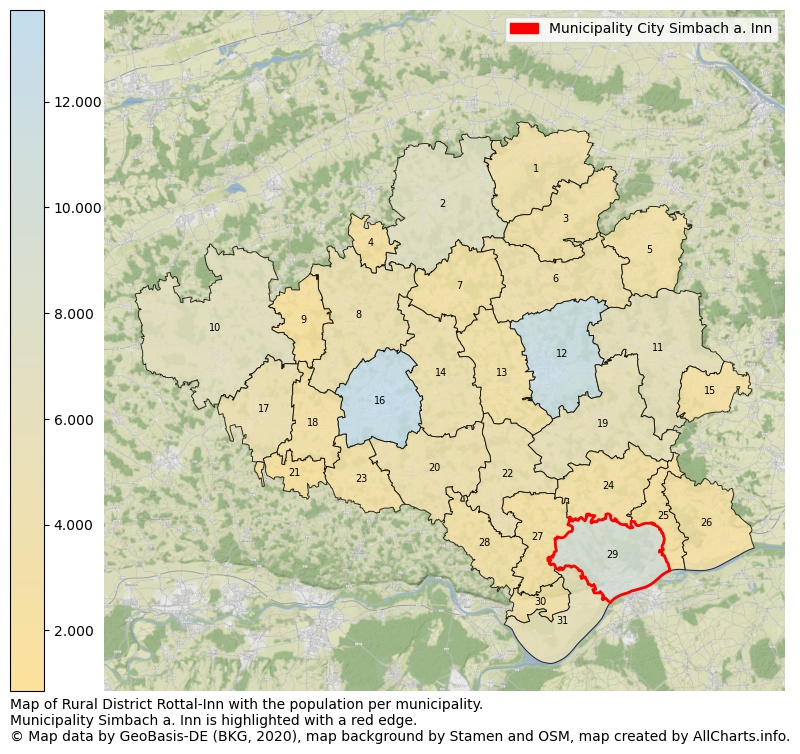 Map of Rural district Rottal-Inn with the population per municipality.Municipality Simbach a. Inn is highlighted with a red edge.. This page shows a lot of information about residents (such as the distribution by age groups, family composition, gender, native or German with an immigration background, ...), homes (numbers, types, price development, use, type of property, ...) and more (car ownership, energy consumption, ...) based on open data from the German Federal Agency for Cartography, the Federal Statistical Office (DESTATIS), the Regional Statistical Offices and various other sources!