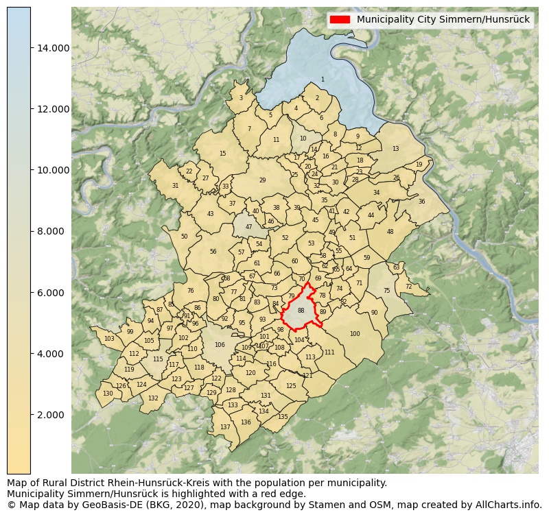 Map of Rural district Rhein-Hunsrück-Kreis with the population per municipality.Municipality Simmern/Hunsrück is highlighted with a red edge.. This page shows a lot of information about residents (such as the distribution by age groups, family composition, gender, native or German with an immigration background, ...), homes (numbers, types, price development, use, type of property, ...) and more (car ownership, energy consumption, ...) based on open data from the German Federal Agency for Cartography, the Federal Statistical Office (DESTATIS), the Regional Statistical Offices and various other sources!