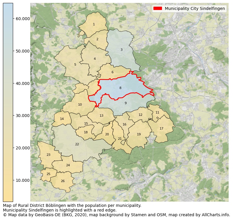 Map of Rural district Böblingen with the population per municipality.Municipality Sindelfingen is highlighted with a red edge.. This page shows a lot of information about residents (such as the distribution by age groups, family composition, gender, native or German with an immigration background, ...), homes (numbers, types, price development, use, type of property, ...) and more (car ownership, energy consumption, ...) based on open data from the German Federal Agency for Cartography, the Federal Statistical Office (DESTATIS), the Regional Statistical Offices and various other sources!