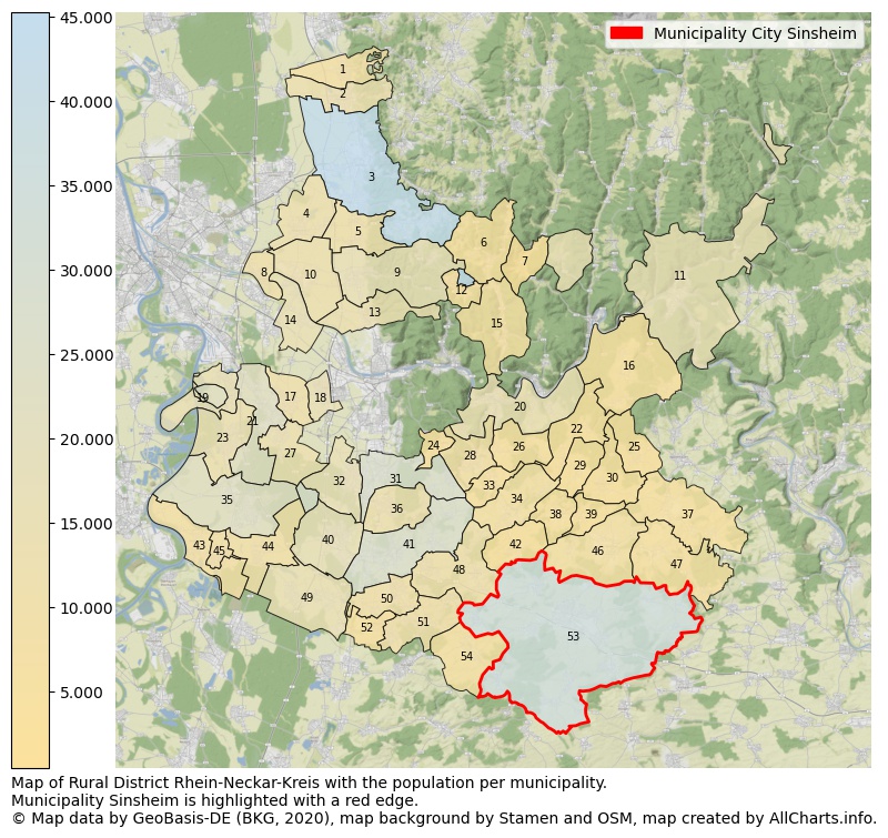 Map of Rural district Rhein-Neckar-Kreis with the population per municipality.Municipality Sinsheim is highlighted with a red edge.. This page shows a lot of information about residents (such as the distribution by age groups, family composition, gender, native or German with an immigration background, ...), homes (numbers, types, price development, use, type of property, ...) and more (car ownership, energy consumption, ...) based on open data from the German Federal Agency for Cartography, the Federal Statistical Office (DESTATIS), the Regional Statistical Offices and various other sources!
