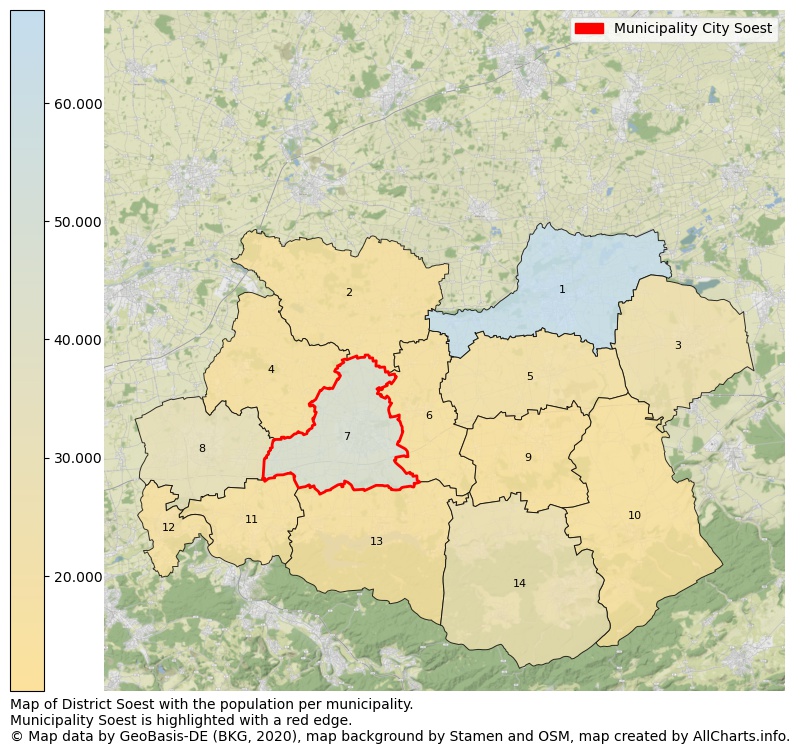 Map of District Soest with the population per municipality.Municipality Soest is highlighted with a red edge.. This page shows a lot of information about residents (such as the distribution by age groups, family composition, gender, native or German with an immigration background, ...), homes (numbers, types, price development, use, type of property, ...) and more (car ownership, energy consumption, ...) based on open data from the German Federal Agency for Cartography, the Federal Statistical Office (DESTATIS), the Regional Statistical Offices and various other sources!