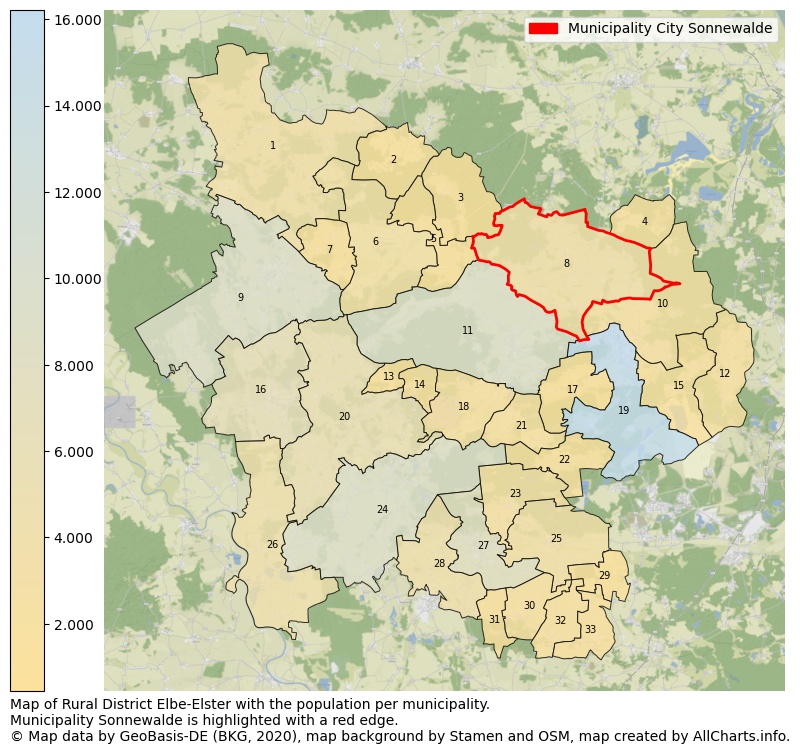 Map of Rural district Elbe-Elster with the population per municipality.Municipality Sonnewalde is highlighted with a red edge.. This page shows a lot of information about residents (such as the distribution by age groups, family composition, gender, native or German with an immigration background, ...), homes (numbers, types, price development, use, type of property, ...) and more (car ownership, energy consumption, ...) based on open data from the German Federal Agency for Cartography, the Federal Statistical Office (DESTATIS), the Regional Statistical Offices and various other sources!
