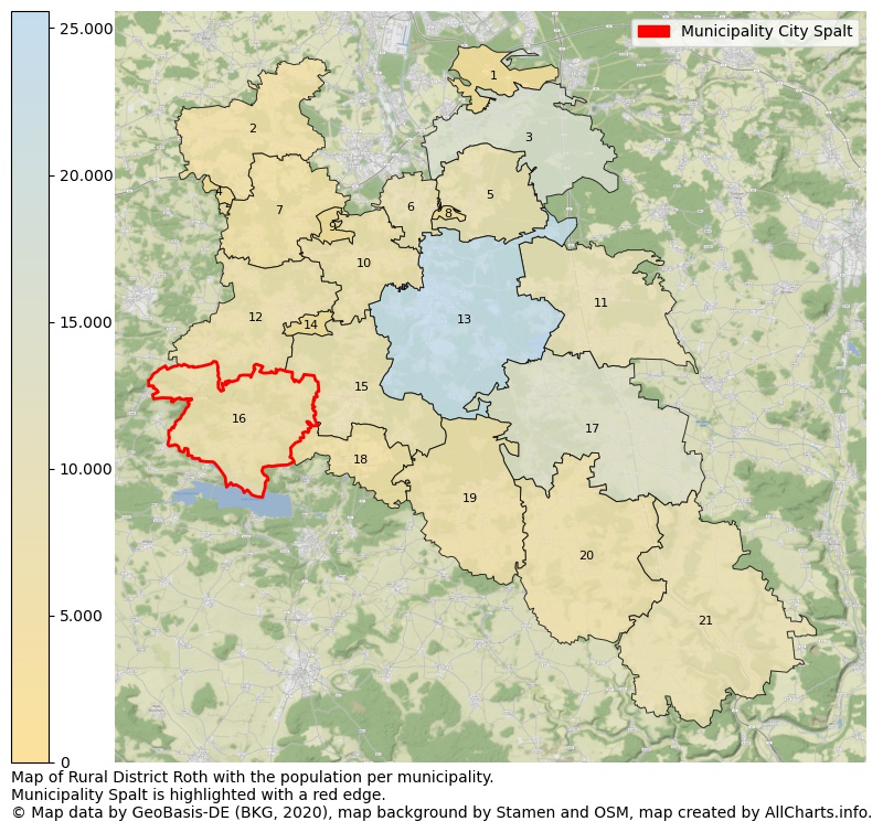 Map of Rural district Roth with the population per municipality.Municipality Spalt is highlighted with a red edge.. This page shows a lot of information about residents (such as the distribution by age groups, family composition, gender, native or German with an immigration background, ...), homes (numbers, types, price development, use, type of property, ...) and more (car ownership, energy consumption, ...) based on open data from the German Federal Agency for Cartography, the Federal Statistical Office (DESTATIS), the Regional Statistical Offices and various other sources!