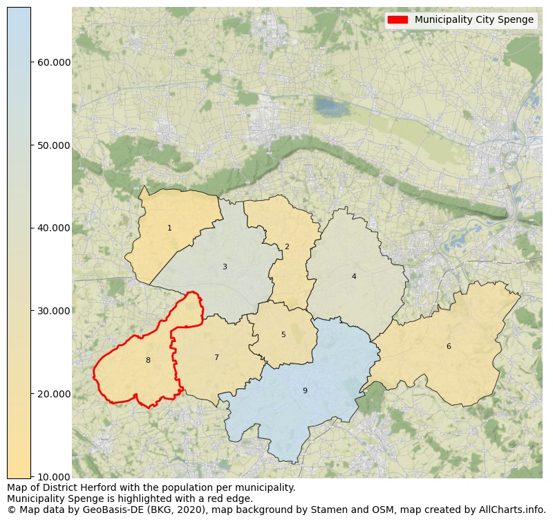 Map of District Herford with the population per municipality.Municipality Spenge is highlighted with a red edge.. This page shows a lot of information about residents (such as the distribution by age groups, family composition, gender, native or German with an immigration background, ...), homes (numbers, types, price development, use, type of property, ...) and more (car ownership, energy consumption, ...) based on open data from the German Federal Agency for Cartography, the Federal Statistical Office (DESTATIS), the Regional Statistical Offices and various other sources!