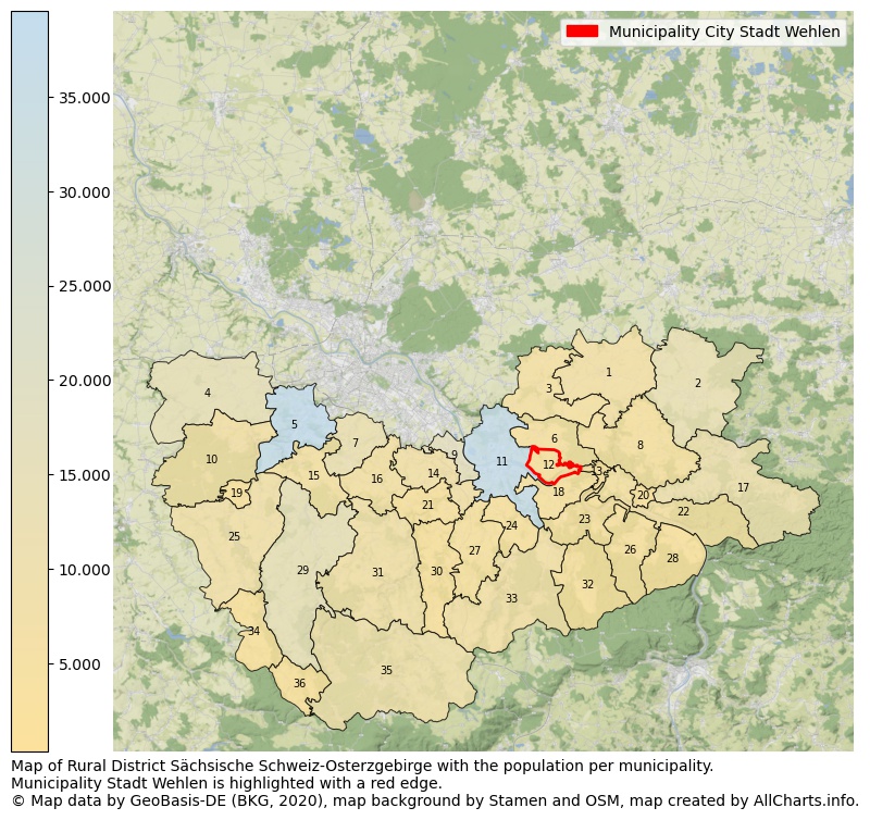 Map of Rural district Sächsische Schweiz-Osterzgebirge with the population per municipality.Municipality Stadt Wehlen is highlighted with a red edge.. This page shows a lot of information about residents (such as the distribution by age groups, family composition, gender, native or German with an immigration background, ...), homes (numbers, types, price development, use, type of property, ...) and more (car ownership, energy consumption, ...) based on open data from the German Federal Agency for Cartography, the Federal Statistical Office (DESTATIS), the Regional Statistical Offices and various other sources!