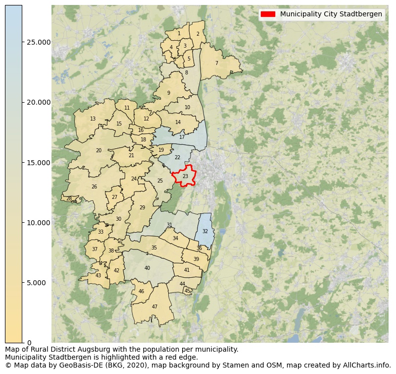 Map of Rural district Augsburg with the population per municipality.Municipality Stadtbergen is highlighted with a red edge.. This page shows a lot of information about residents (such as the distribution by age groups, family composition, gender, native or German with an immigration background, ...), homes (numbers, types, price development, use, type of property, ...) and more (car ownership, energy consumption, ...) based on open data from the German Federal Agency for Cartography, the Federal Statistical Office (DESTATIS), the Regional Statistical Offices and various other sources!