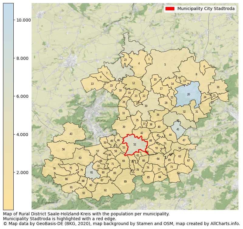 Map of Rural district Saale-Holzland-Kreis with the population per municipality.Municipality Stadtroda is highlighted with a red edge.. This page shows a lot of information about residents (such as the distribution by age groups, family composition, gender, native or German with an immigration background, ...), homes (numbers, types, price development, use, type of property, ...) and more (car ownership, energy consumption, ...) based on open data from the German Federal Agency for Cartography, the Federal Statistical Office (DESTATIS), the Regional Statistical Offices and various other sources!
