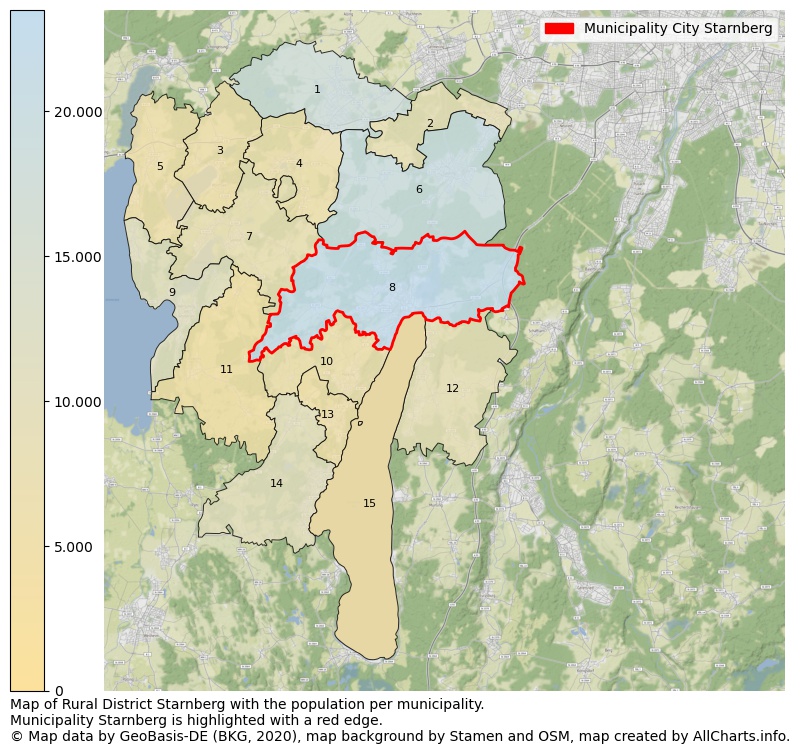 Map of Rural district Starnberg with the population per municipality.Municipality Starnberg is highlighted with a red edge.. This page shows a lot of information about residents (such as the distribution by age groups, family composition, gender, native or German with an immigration background, ...), homes (numbers, types, price development, use, type of property, ...) and more (car ownership, energy consumption, ...) based on open data from the German Federal Agency for Cartography, the Federal Statistical Office (DESTATIS), the Regional Statistical Offices and various other sources!