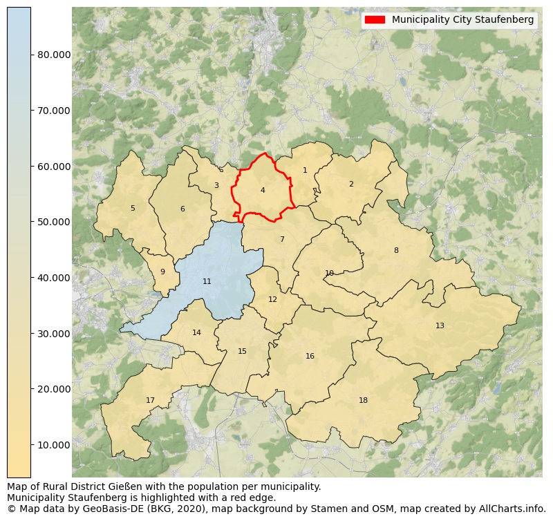 Map of Rural district Gießen with the population per municipality.Municipality Staufenberg is highlighted with a red edge.. This page shows a lot of information about residents (such as the distribution by age groups, family composition, gender, native or German with an immigration background, ...), homes (numbers, types, price development, use, type of property, ...) and more (car ownership, energy consumption, ...) based on open data from the German Federal Agency for Cartography, the Federal Statistical Office (DESTATIS), the Regional Statistical Offices and various other sources!