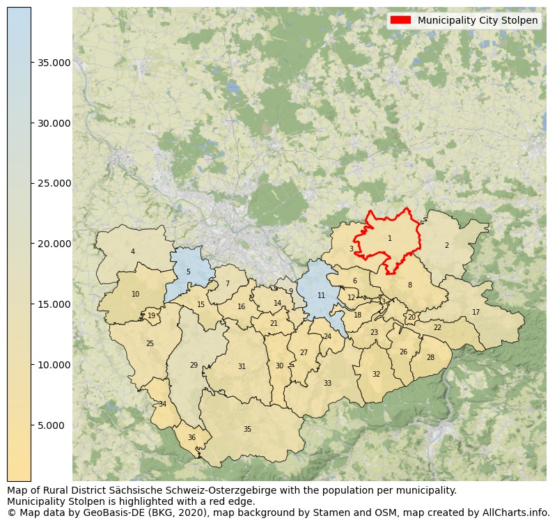 Map of Rural district Sächsische Schweiz-Osterzgebirge with the population per municipality.Municipality Stolpen is highlighted with a red edge.. This page shows a lot of information about residents (such as the distribution by age groups, family composition, gender, native or German with an immigration background, ...), homes (numbers, types, price development, use, type of property, ...) and more (car ownership, energy consumption, ...) based on open data from the German Federal Agency for Cartography, the Federal Statistical Office (DESTATIS), the Regional Statistical Offices and various other sources!