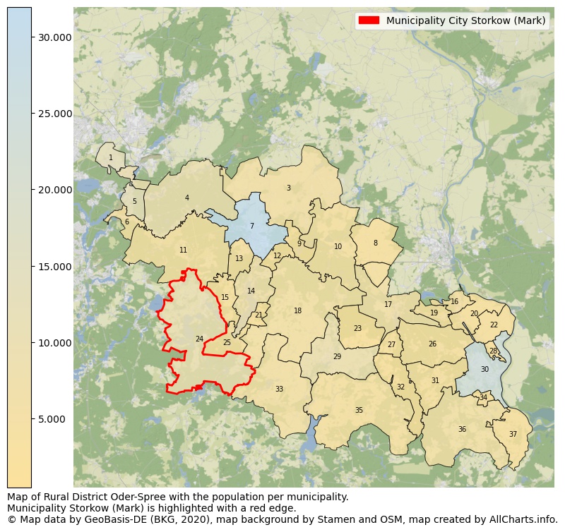 Map of Rural district Oder-Spree with the population per municipality.Municipality Storkow (Mark) is highlighted with a red edge.. This page shows a lot of information about residents (such as the distribution by age groups, family composition, gender, native or German with an immigration background, ...), homes (numbers, types, price development, use, type of property, ...) and more (car ownership, energy consumption, ...) based on open data from the German Federal Agency for Cartography, the Federal Statistical Office (DESTATIS), the Regional Statistical Offices and various other sources!
