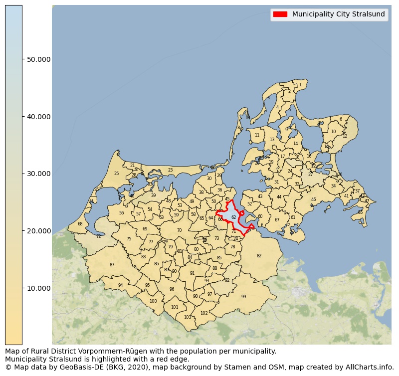 Map of Rural district Vorpommern-Rügen with the population per municipality.Municipality Stralsund is highlighted with a red edge.. This page shows a lot of information about residents (such as the distribution by age groups, family composition, gender, native or German with an immigration background, ...), homes (numbers, types, price development, use, type of property, ...) and more (car ownership, energy consumption, ...) based on open data from the German Federal Agency for Cartography, the Federal Statistical Office (DESTATIS), the Regional Statistical Offices and various other sources!