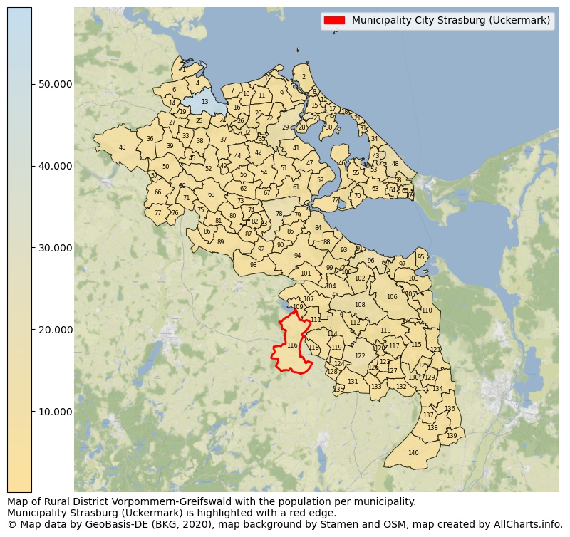 Map of Rural district Vorpommern-Greifswald with the population per municipality.Municipality Strasburg (Uckermark) is highlighted with a red edge.. This page shows a lot of information about residents (such as the distribution by age groups, family composition, gender, native or German with an immigration background, ...), homes (numbers, types, price development, use, type of property, ...) and more (car ownership, energy consumption, ...) based on open data from the German Federal Agency for Cartography, the Federal Statistical Office (DESTATIS), the Regional Statistical Offices and various other sources!