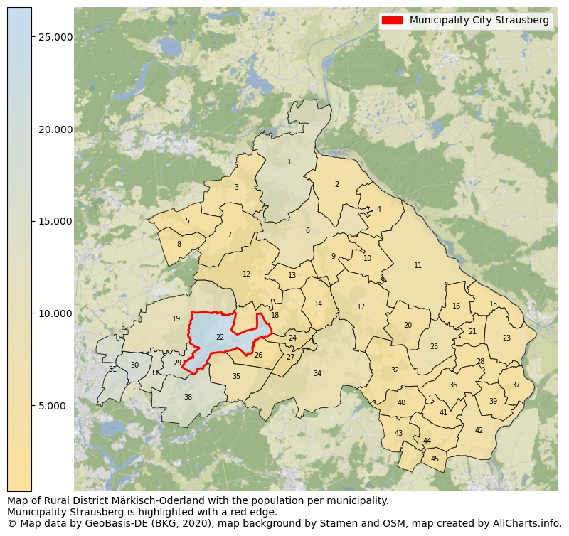 Map of Rural district Märkisch-Oderland with the population per municipality.Municipality Strausberg is highlighted with a red edge.. This page shows a lot of information about residents (such as the distribution by age groups, family composition, gender, native or German with an immigration background, ...), homes (numbers, types, price development, use, type of property, ...) and more (car ownership, energy consumption, ...) based on open data from the German Federal Agency for Cartography, the Federal Statistical Office (DESTATIS), the Regional Statistical Offices and various other sources!