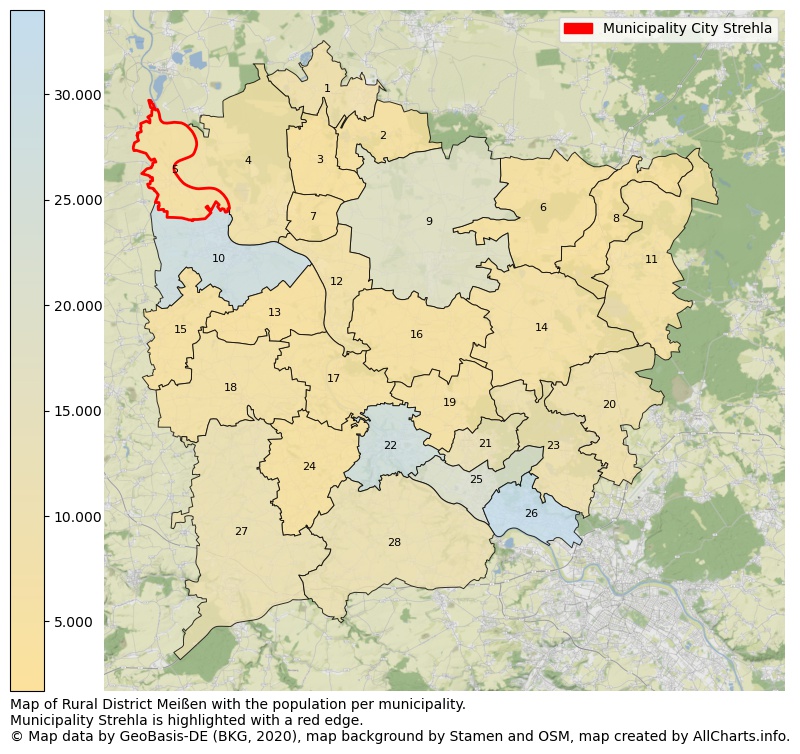 Map of Rural district Meißen with the population per municipality.Municipality Strehla is highlighted with a red edge.. This page shows a lot of information about residents (such as the distribution by age groups, family composition, gender, native or German with an immigration background, ...), homes (numbers, types, price development, use, type of property, ...) and more (car ownership, energy consumption, ...) based on open data from the German Federal Agency for Cartography, the Federal Statistical Office (DESTATIS), the Regional Statistical Offices and various other sources!