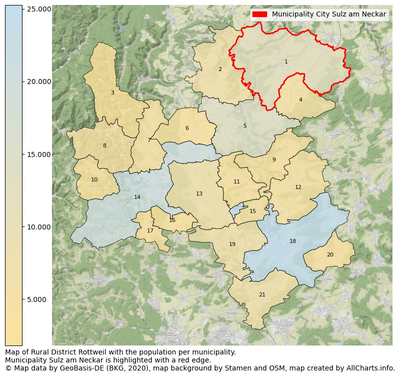 Map of Rural district Rottweil with the population per municipality.Municipality Sulz am Neckar is highlighted with a red edge.. This page shows a lot of information about residents (such as the distribution by age groups, family composition, gender, native or German with an immigration background, ...), homes (numbers, types, price development, use, type of property, ...) and more (car ownership, energy consumption, ...) based on open data from the German Federal Agency for Cartography, the Federal Statistical Office (DESTATIS), the Regional Statistical Offices and various other sources!