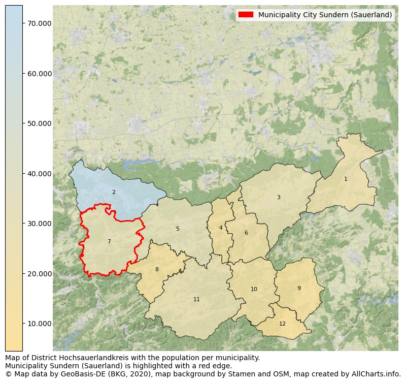Map of District Hochsauerlandkreis with the population per municipality.Municipality Sundern (Sauerland) is highlighted with a red edge.. This page shows a lot of information about residents (such as the distribution by age groups, family composition, gender, native or German with an immigration background, ...), homes (numbers, types, price development, use, type of property, ...) and more (car ownership, energy consumption, ...) based on open data from the German Federal Agency for Cartography, the Federal Statistical Office (DESTATIS), the Regional Statistical Offices and various other sources!